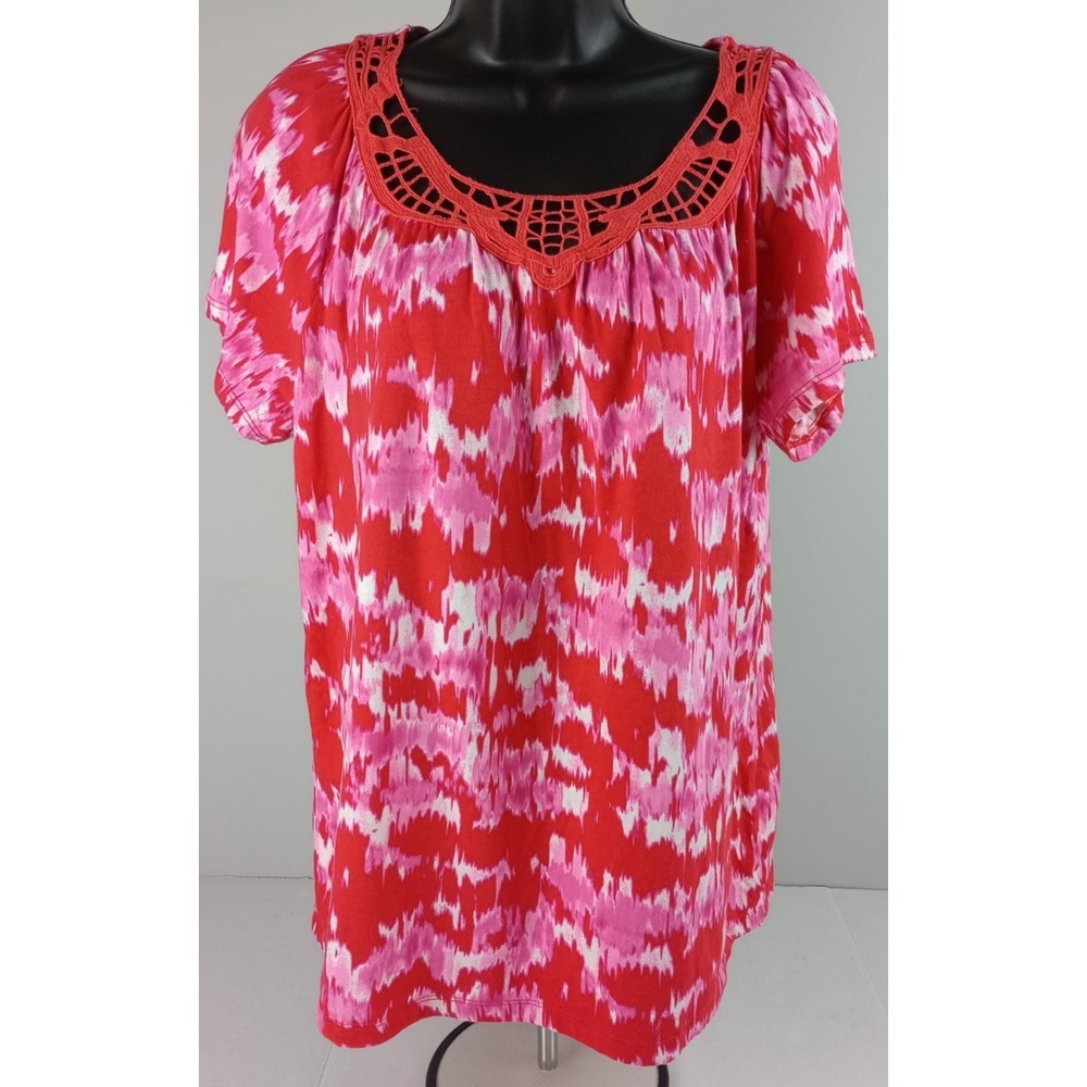 Jones New York Sport Women's L Lace Collar Pink Red Short Sleeve Shirt